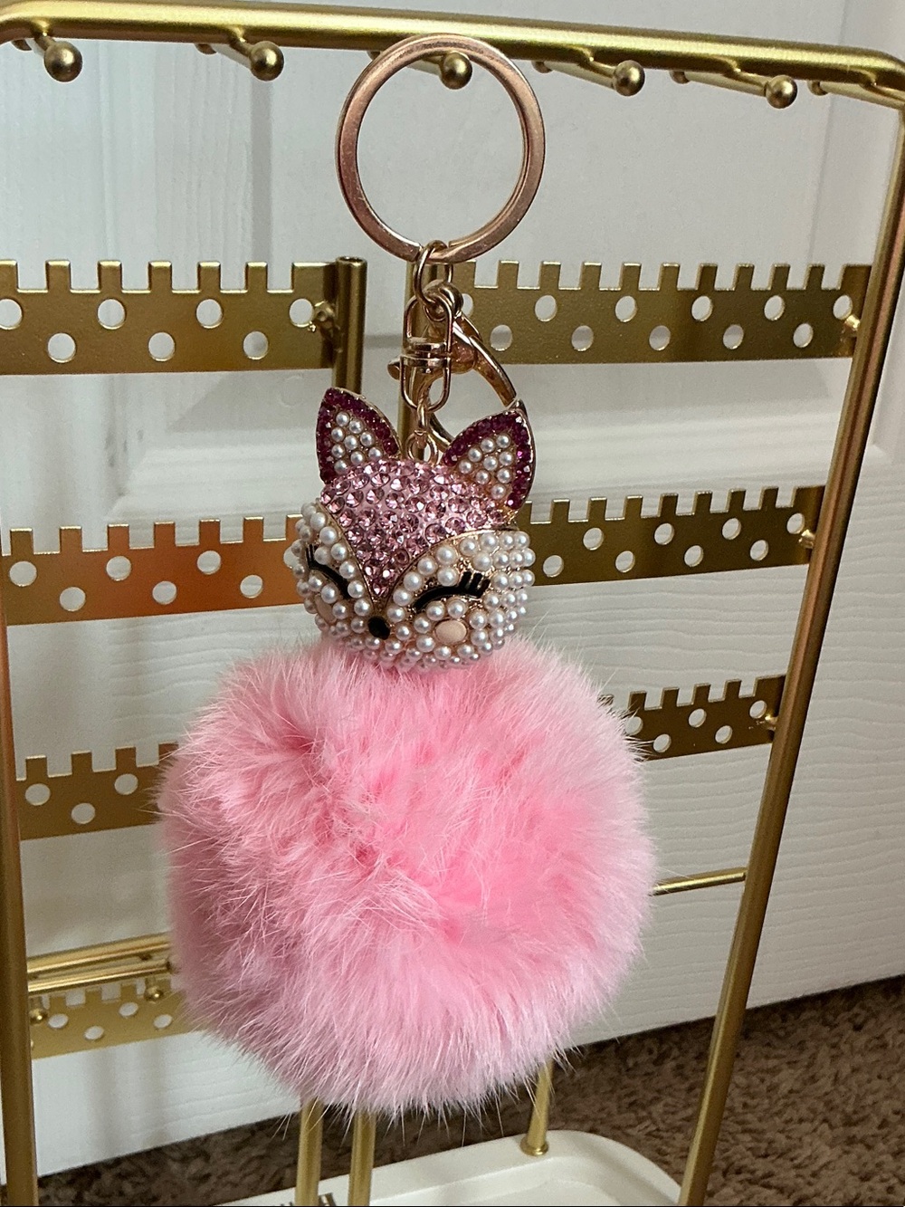 Pink Gorgeous 🤩 Fox Pom-Pom Keychain Charm with Crystal & Pearl Accents (NWOT’s)